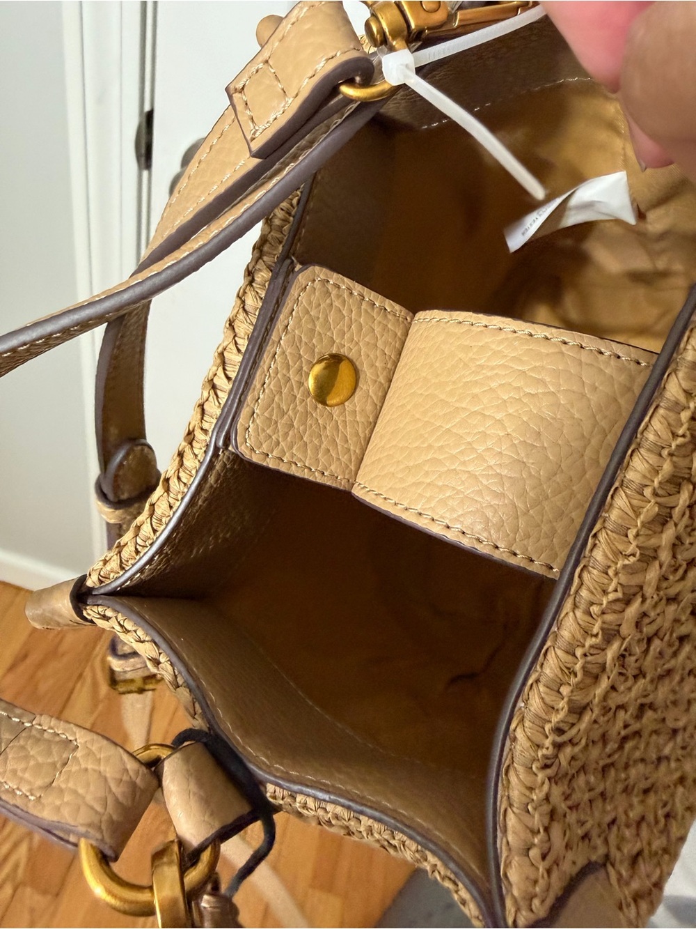 Steve Madden Straw Bucket Bag Shell Embellished Crossbody Latte Woven Beach Boho - Picture 7 of 10